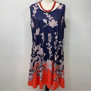 Navy Floral Swing Dress with Coral Hem Vacation wear